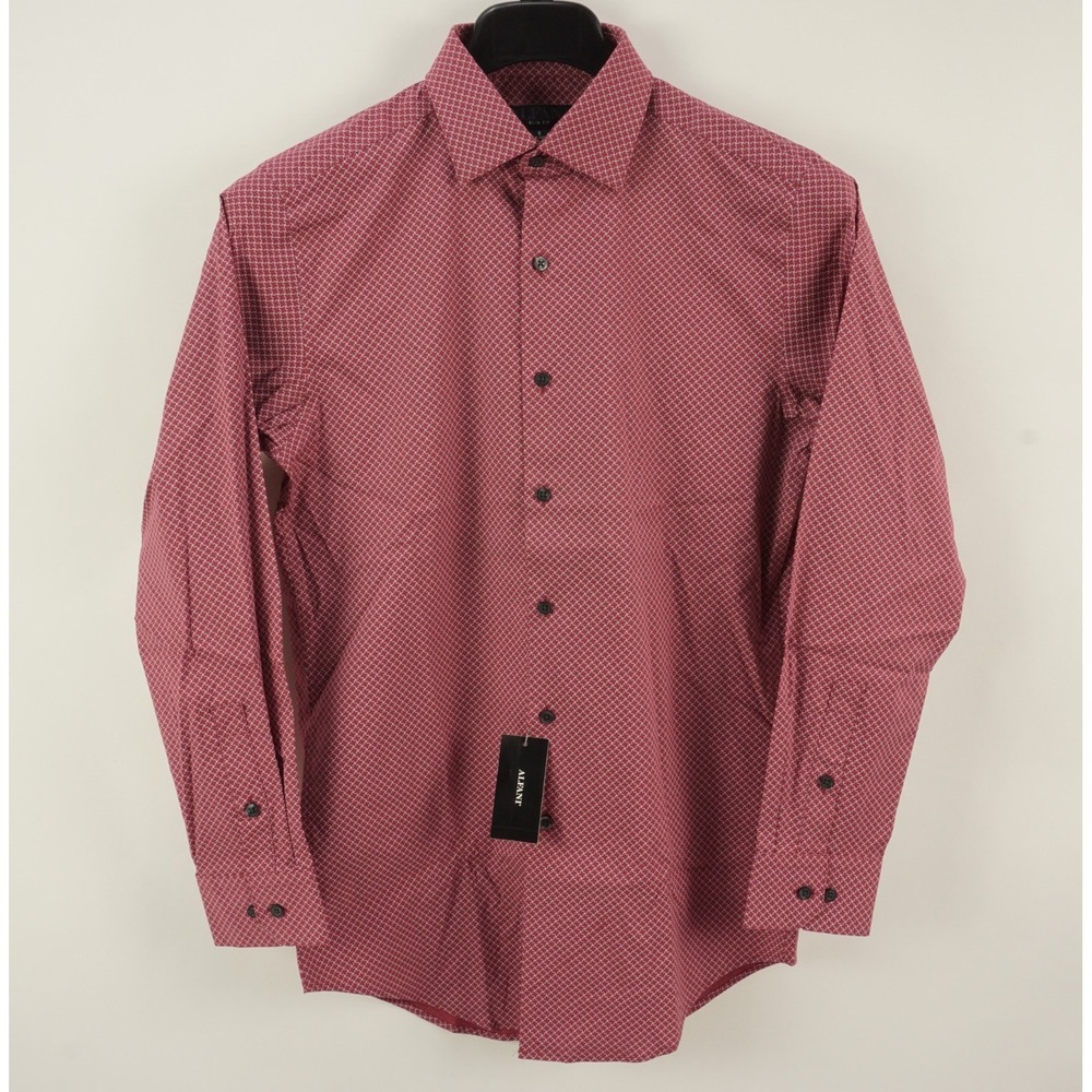 New Alfani Stain Resistant Stretch Slim Dress Shirt Red Geometric Mens Small 14